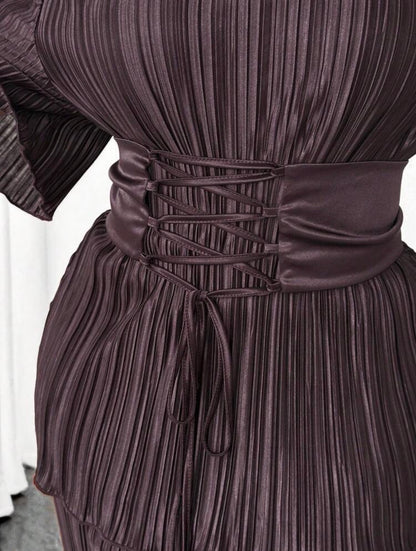 Plus Size Pleated Tie-Front Short Sleeve 2 Pieces Set @CHRISTIANDELOS