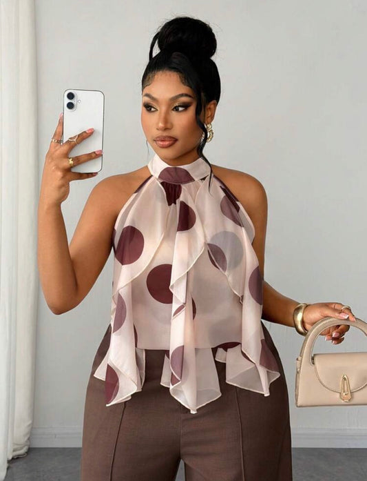 Maweii Plus Retro French Polka Dot Ruffle Hem Blouse