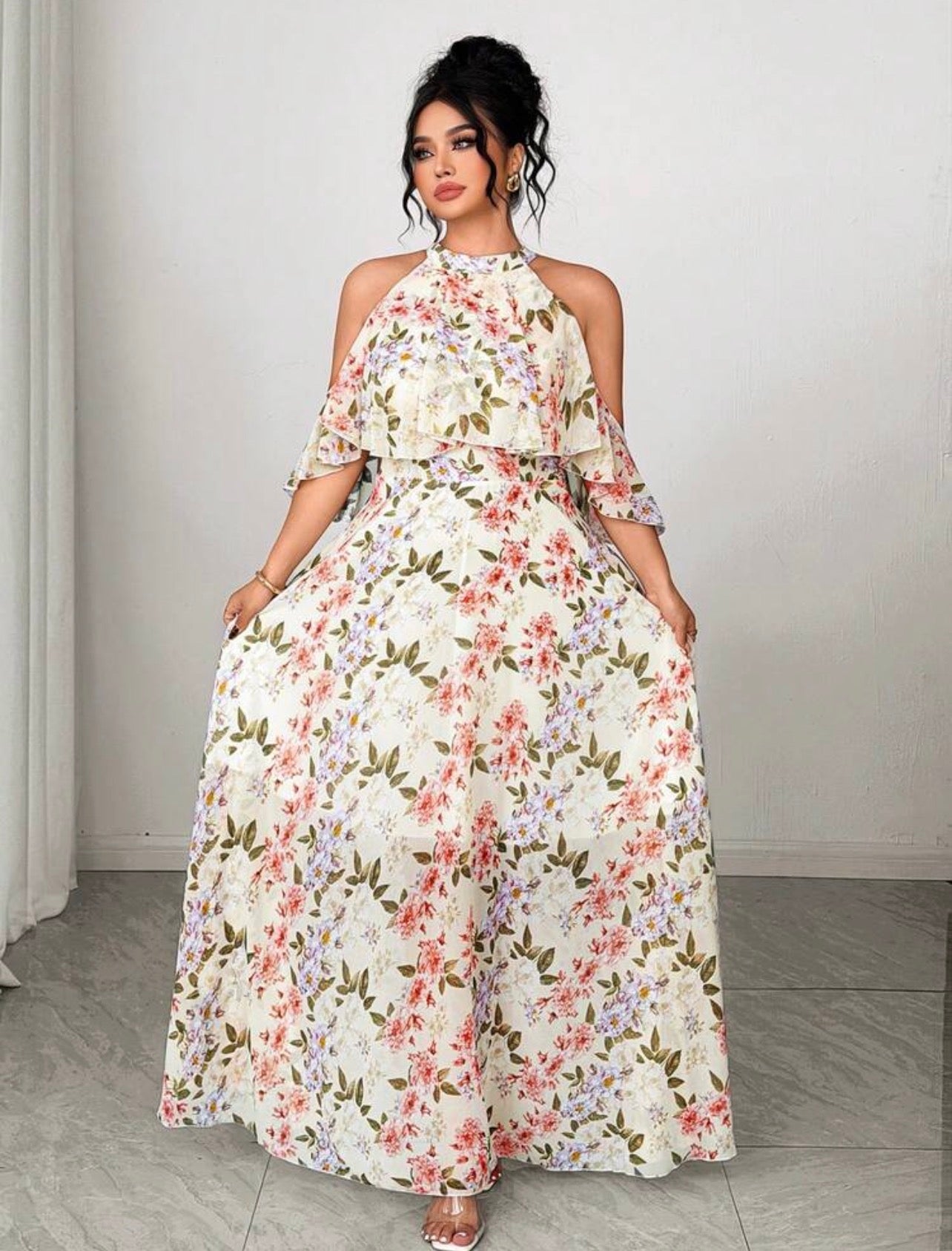 Classic - Vintage Floral Ruffle Sleeve Halter Neck Flowy Maxi Dress - CHRISTIAN DELOS -