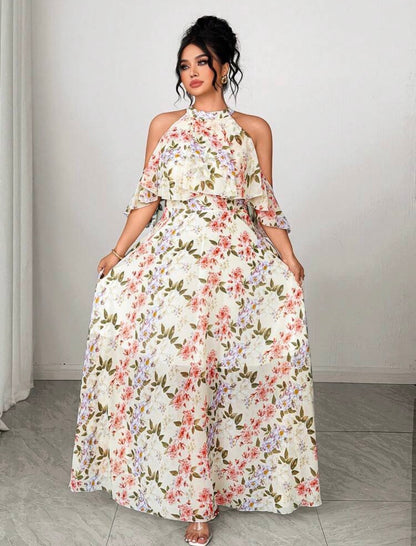 Classic - Vintage Floral Ruffle Sleeve Halter Neck Flowy Maxi Dress - CHRISTIAN DELOS -