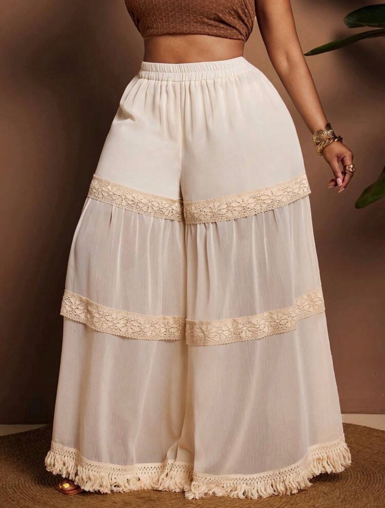 Flowy Chiffon High Waist Slimming Lace Patchwork Pants, VERI Luxurious C-D Wear -