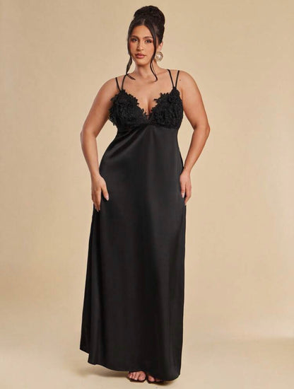 Elegant Black Deep V-Neck Satin Backless Dress,Lace Floral Tie-Up Sommar Evening Formal Dress @CHRISTIANDELOS
