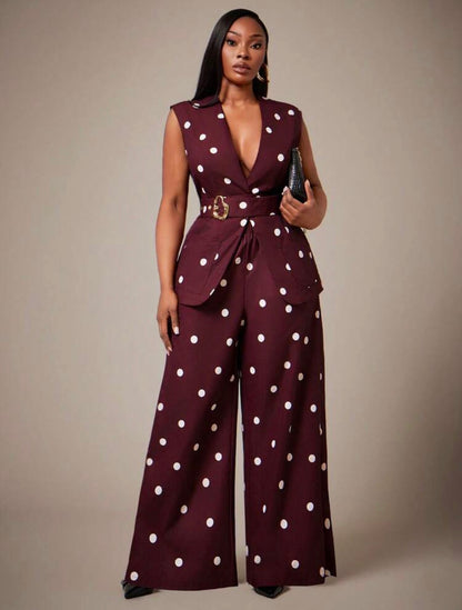 Radiana Ladies Classic Retro Polka Dot Vest And Wide Leg Pants Set For Holiday / Vacations