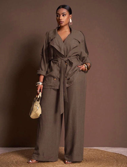 Courting Two-Piece Set , Casual Everyday Wear - Elegant Commute Jacket And Wide Leg Long Pants With Pockets - CHRISTIAN DELOS
