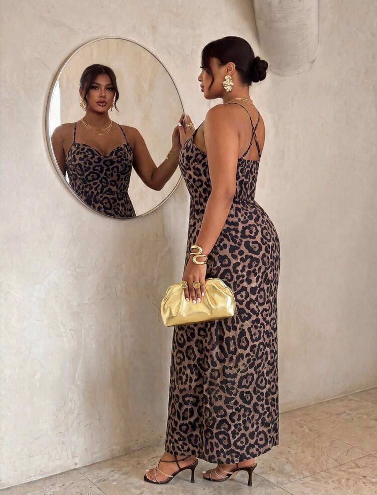 Firerie Women's Leopard Print Slit Design Casual Party Spaghetti Strap Dress