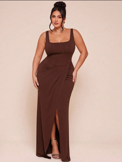 Plus Size Women Vintage Elegant Square Neck Adjustable Strap Faux Twist Hem Slit Dress ~ VERI CLASSY VERI DEMURE ~