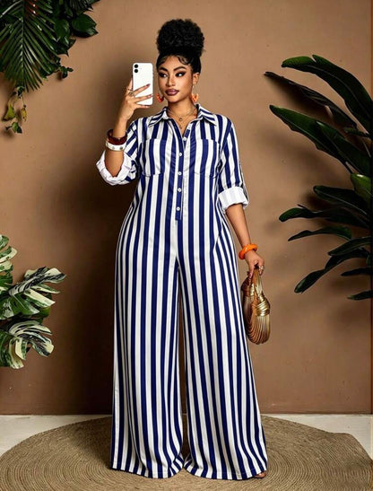 Plus Size Casual Striped Wide Leg Jumpsuit For Fancy Occasions / CLASSY AND DEMURE