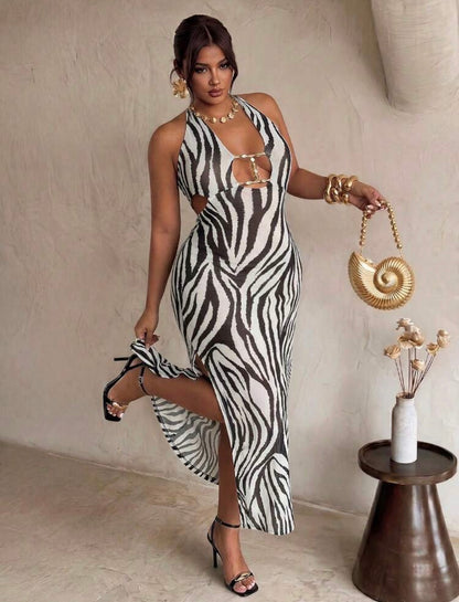 SEXY Zebra Print Cutout Beaded Zebra Print Slim Fit Mermaid Maxi Dress - VERI CLASSY VERI DEMURE