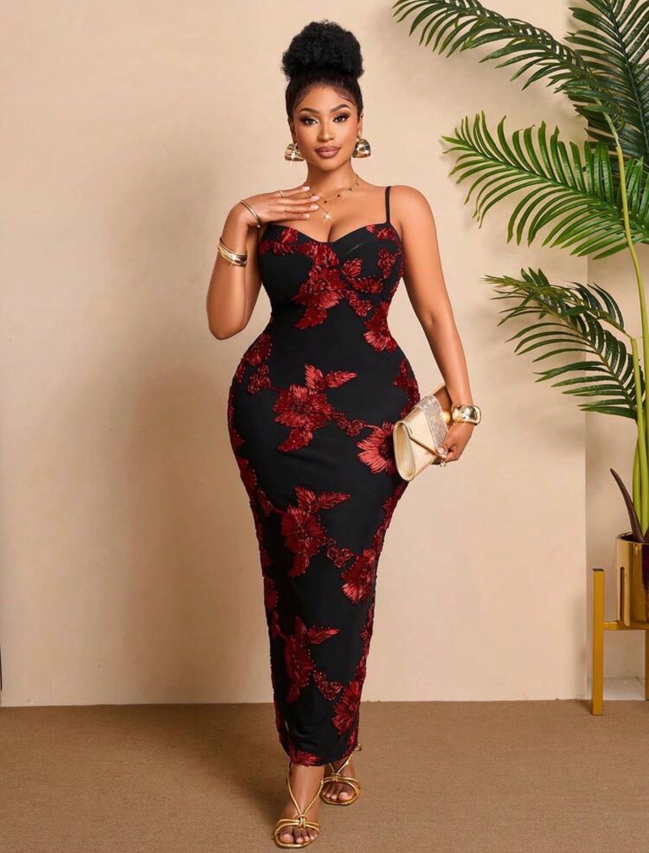 Elegant Black Spaghetti Strap Long Dress With Red Floral Embroidery And Backless Split