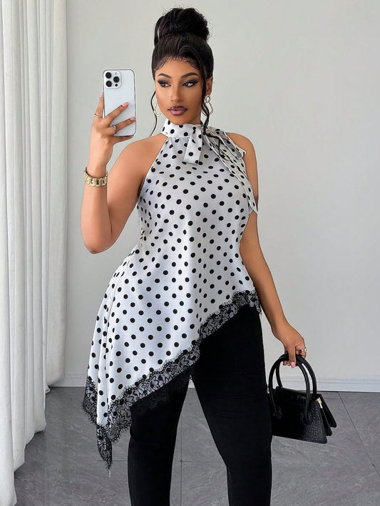 Women's Polka Dot And Lace Sleeveless Asymmetric Hem Blouse