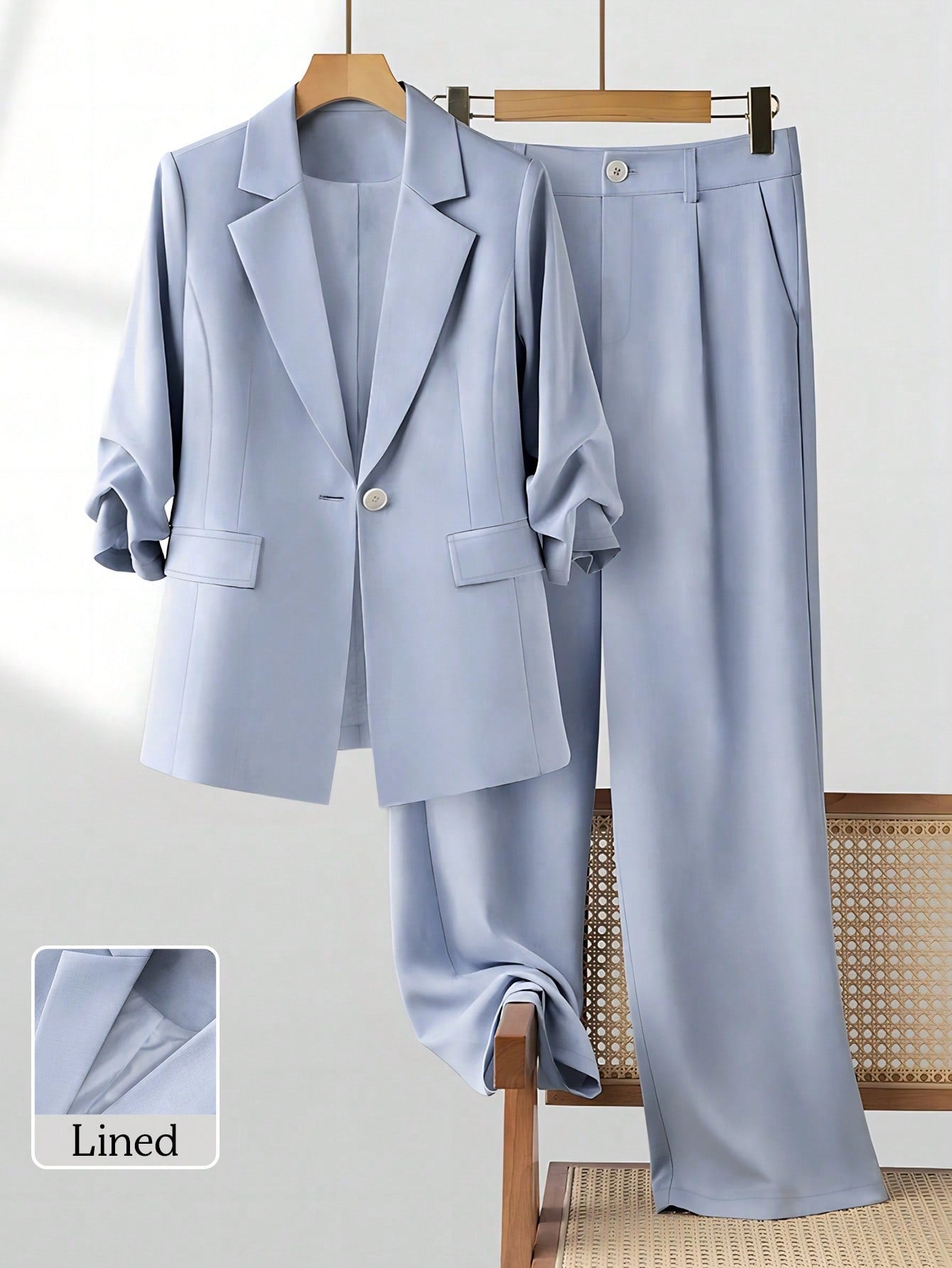 Commute Pleated Design 3/4 Sleeve Loose Single-Breasted One-Button Blazer With Real Pockets And Long Pants Set