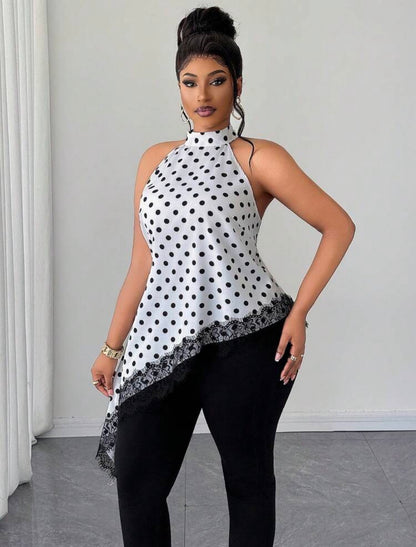 Women's Polka Dot And Lace Sleeveless Asymmetric Hem Blouse