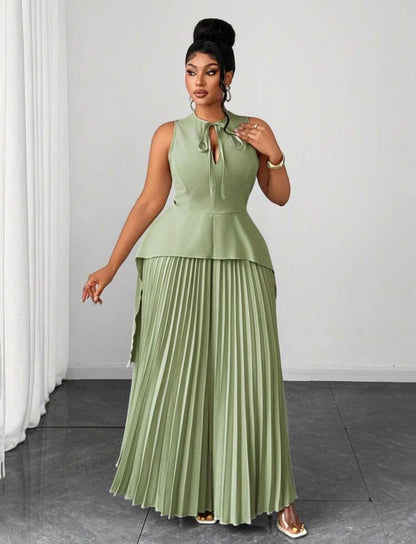 Ladies Round Neck Elegant Hollow Out Ruffle Hem Asymmetrical Pleated Full Skirt Sleeveless Tie Two Pieces Set