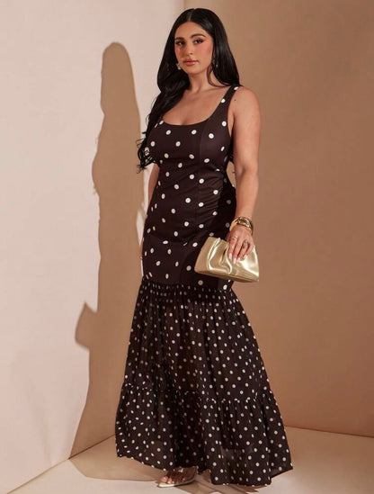 Brown Polka Dot Square Neck Sleeveless Maxi Dress,Elegant Ruffle Hem Tiered A Line Dress