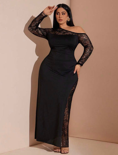 Women's Lace Patchwork Sexy Black Dress, Off-Shoulder High-Slit Maxi Dress @ CHRISTIANDELOS_ VERI CLASSY VERI DEMURE