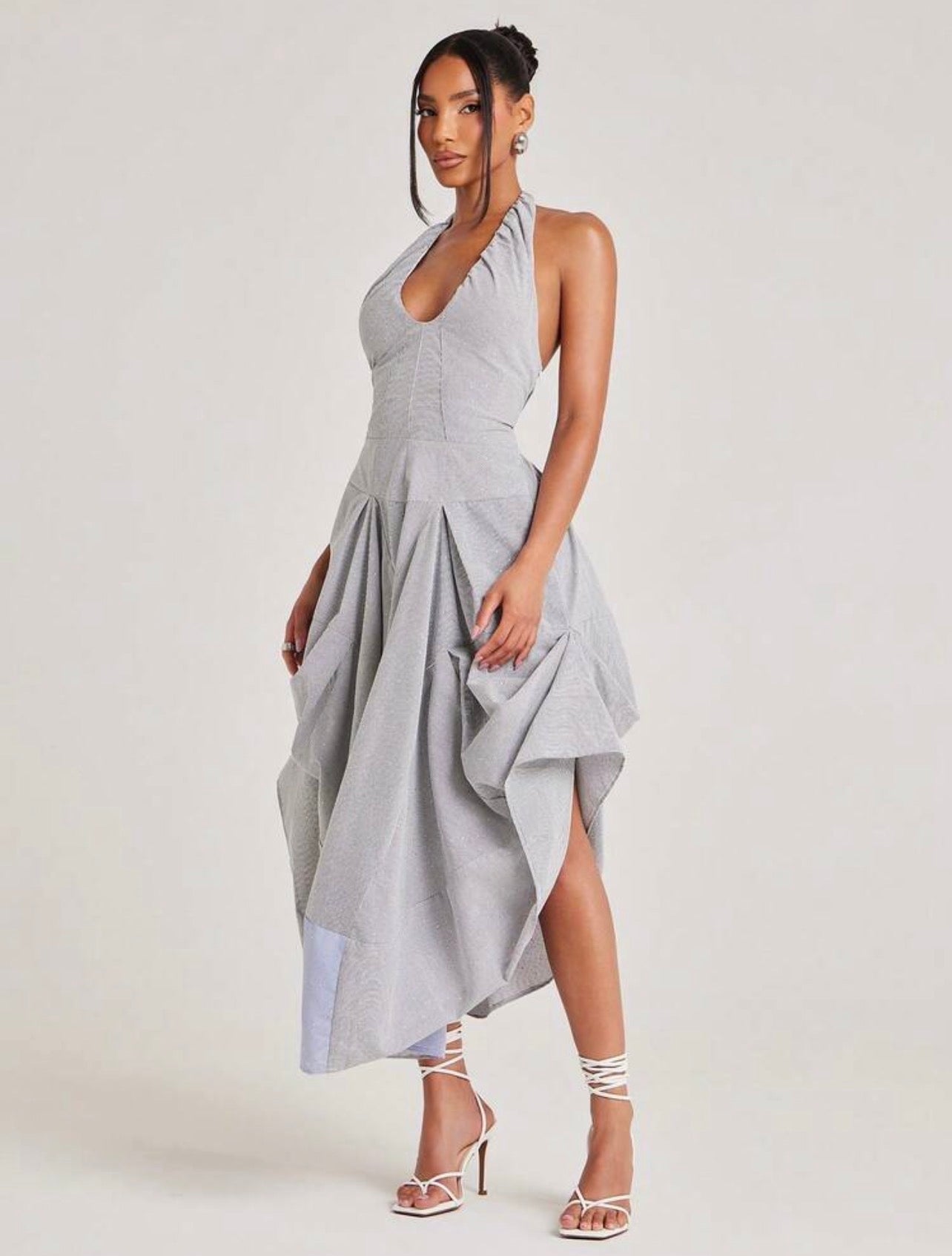 SZN Dress Midi Striped Pleated Gathered Ruched Ruffled Unique Bubble Hem ~ @CHRISTIANDELOS_