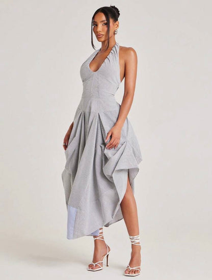 SZN Dress Midi Striped Pleated Gathered Ruched Ruffled Unique Bubble Hem ~ @CHRISTIANDELOS_