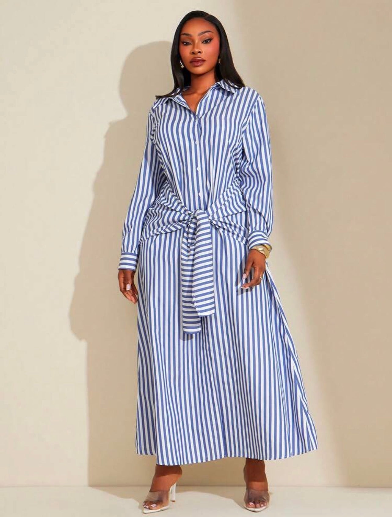 Pointed Collar Self Tie 2 In 1 Design Maxi Shirt Dress,Suitable For Urban,Sexy Office Siren Coquettish,Versatile,Cruise Attire | Available  @CHRISTIANDELOS_