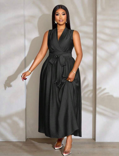 Linen Belted V-Neck Sleeveless Special Process Elastic Waist Pleated Mid-Length A-Line Dress