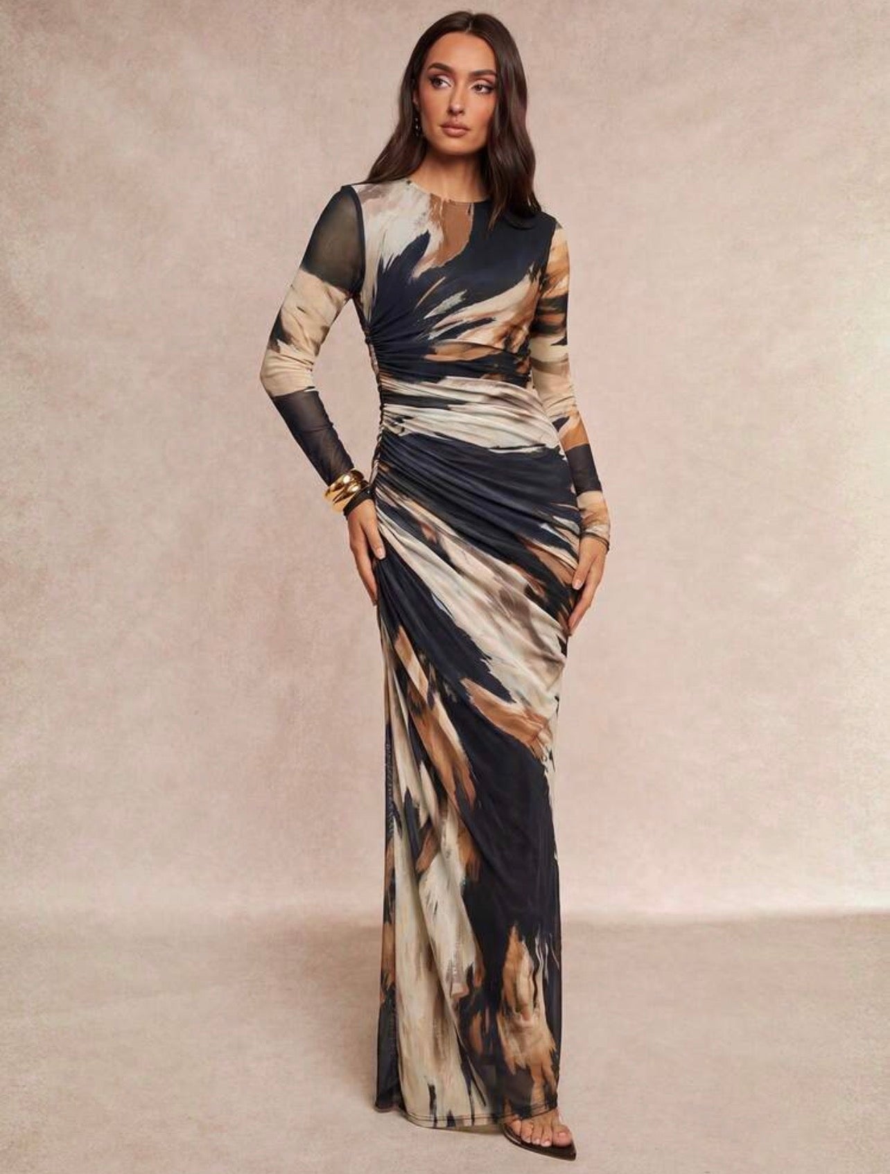 Silquee Ladies Brown Tie-Dye Printed Mesh Round Neck Long-Sleeved Dress Features A Fitted Waist With Ruching,Showcasing Feminine Charm. Elegant And Captivating @CHRISTIANDELOS
