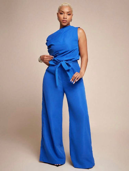 Vixey Woven Asymmetrical Draped Neckline Keyhole Back Self Belt Flare Leg Jumpsuit
