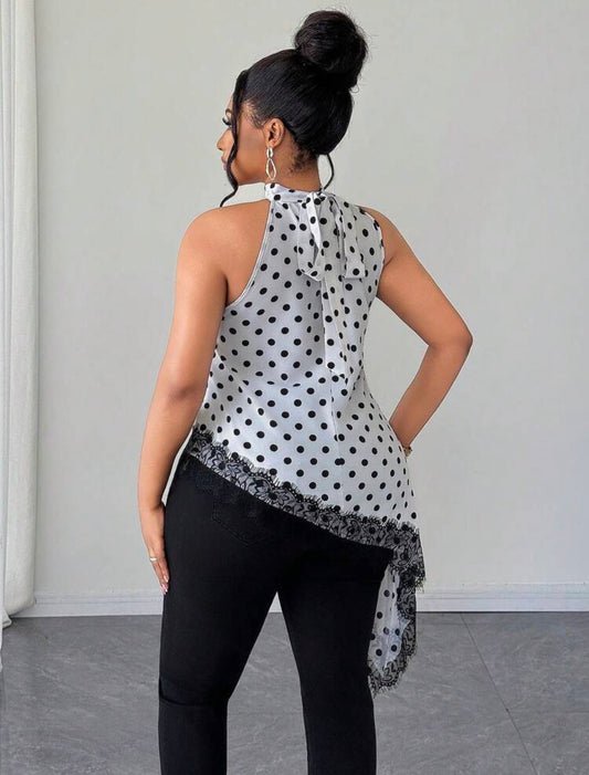 Women's Polka Dot And Lace Sleeveless Asymmetric Hem Blouse