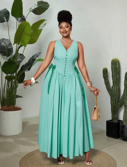 Vintage Elegant Party V-Neck Sleeveless Bow Tie Waist Flared Slim Fit Dress For Women
