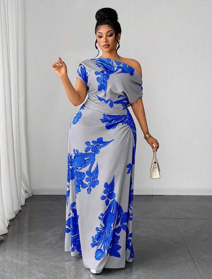 Floral Print Ruched Waist Slit Shoulder Casual Vacation Dress