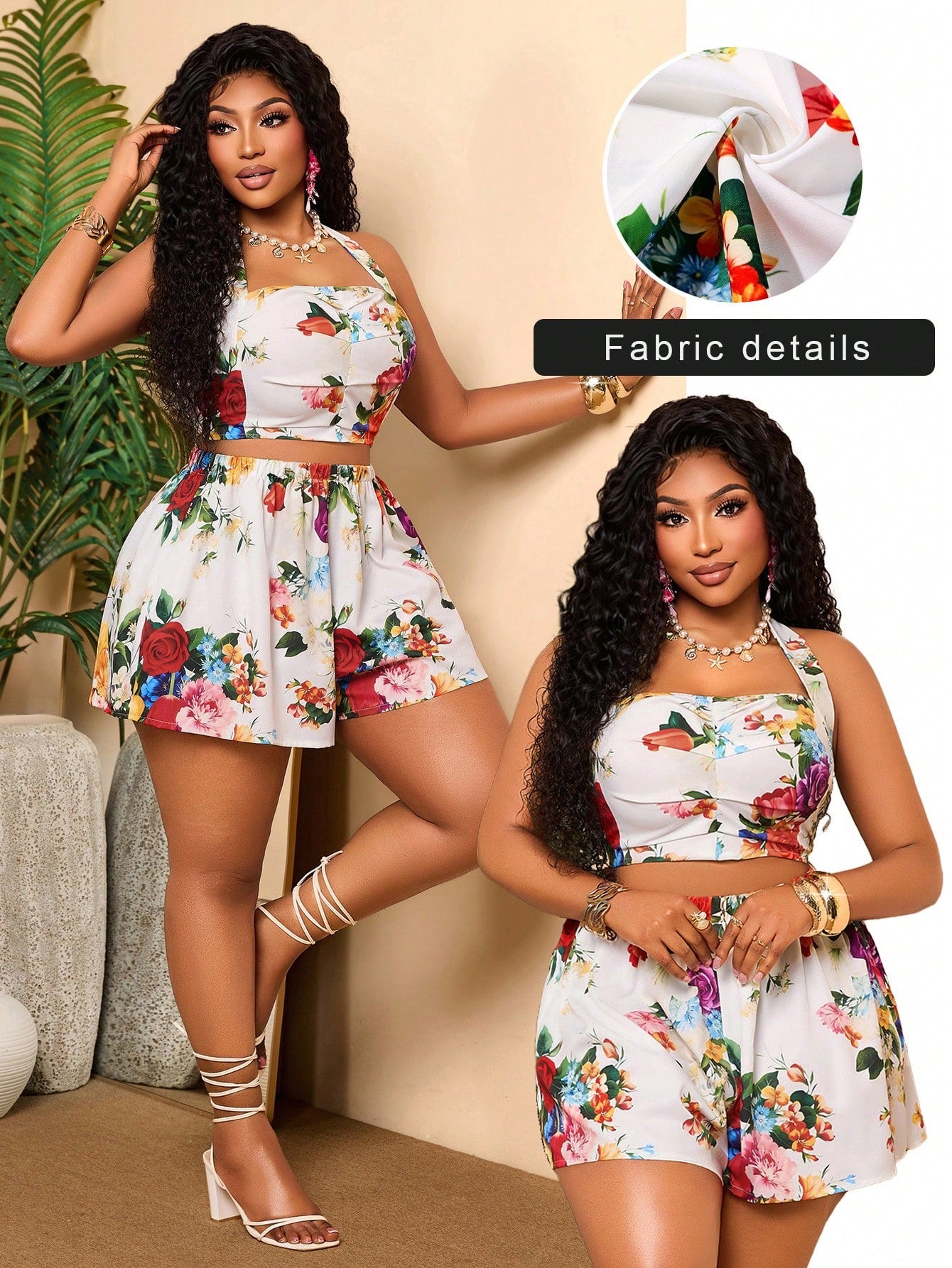 Floral Neck Crop Top And Shorts Set With Lace-Up Back Design And Ruffle Details, Suitable For Vacations