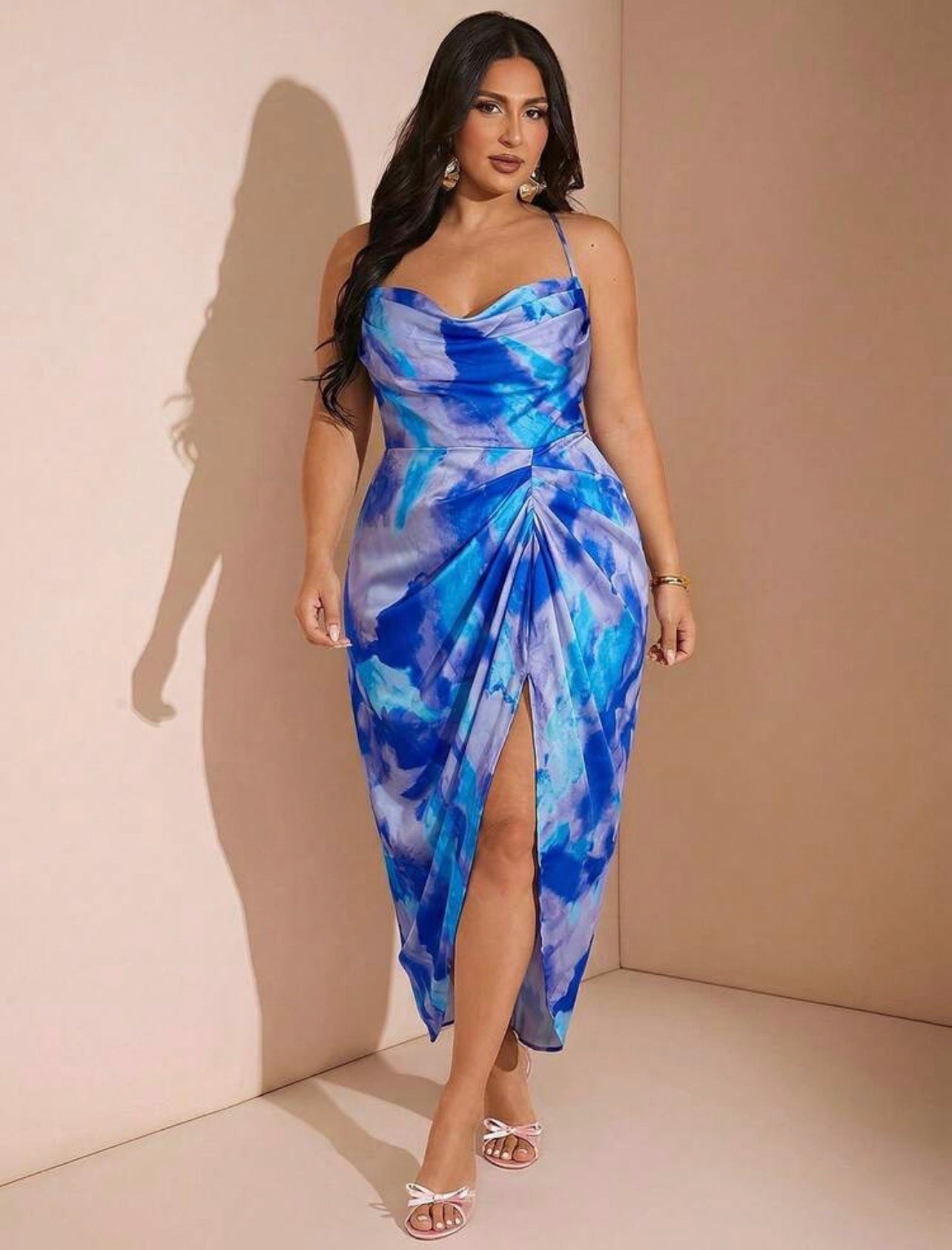 Elegant Rave Women Floral Satin Print Swing Spaghetti Strap Draped High Slit Midi Dress