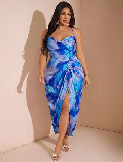 Elegant Rave Women Floral Satin Print Swing Spaghetti Strap Draped High Slit Midi Dress