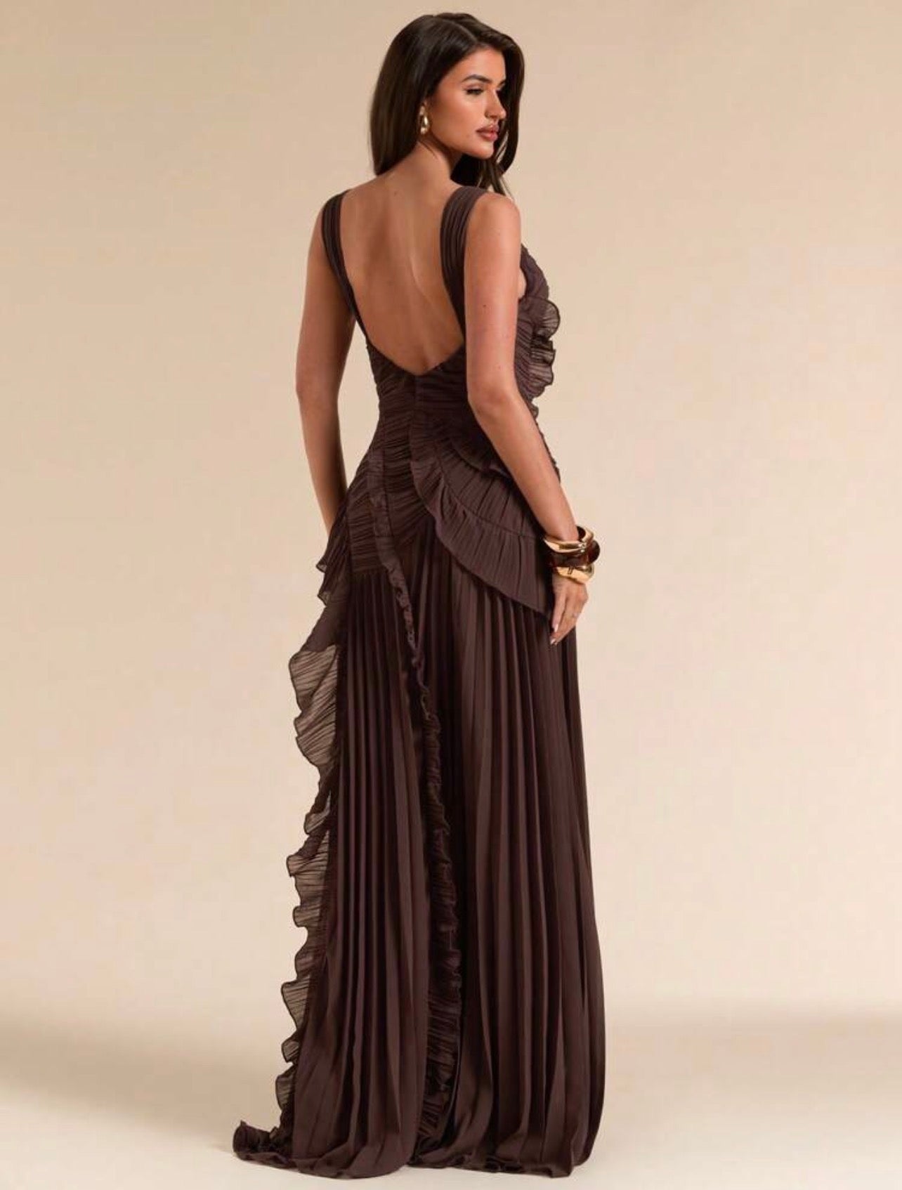 Sleeveless Backless Pleated Split High Slit Dress, Elegant with Tailored Details Design