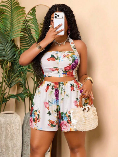 Floral Neck Crop Top And Shorts Set With Lace-Up Back Design And Ruffle Details, Suitable For Vacations