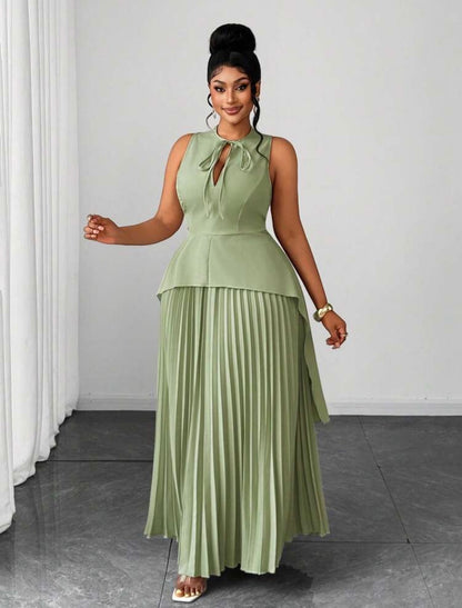 Ladies Round Neck Elegant Hollow Out Ruffle Hem Asymmetrical Pleated Full Skirt Sleeveless Tie Two Pieces Set
