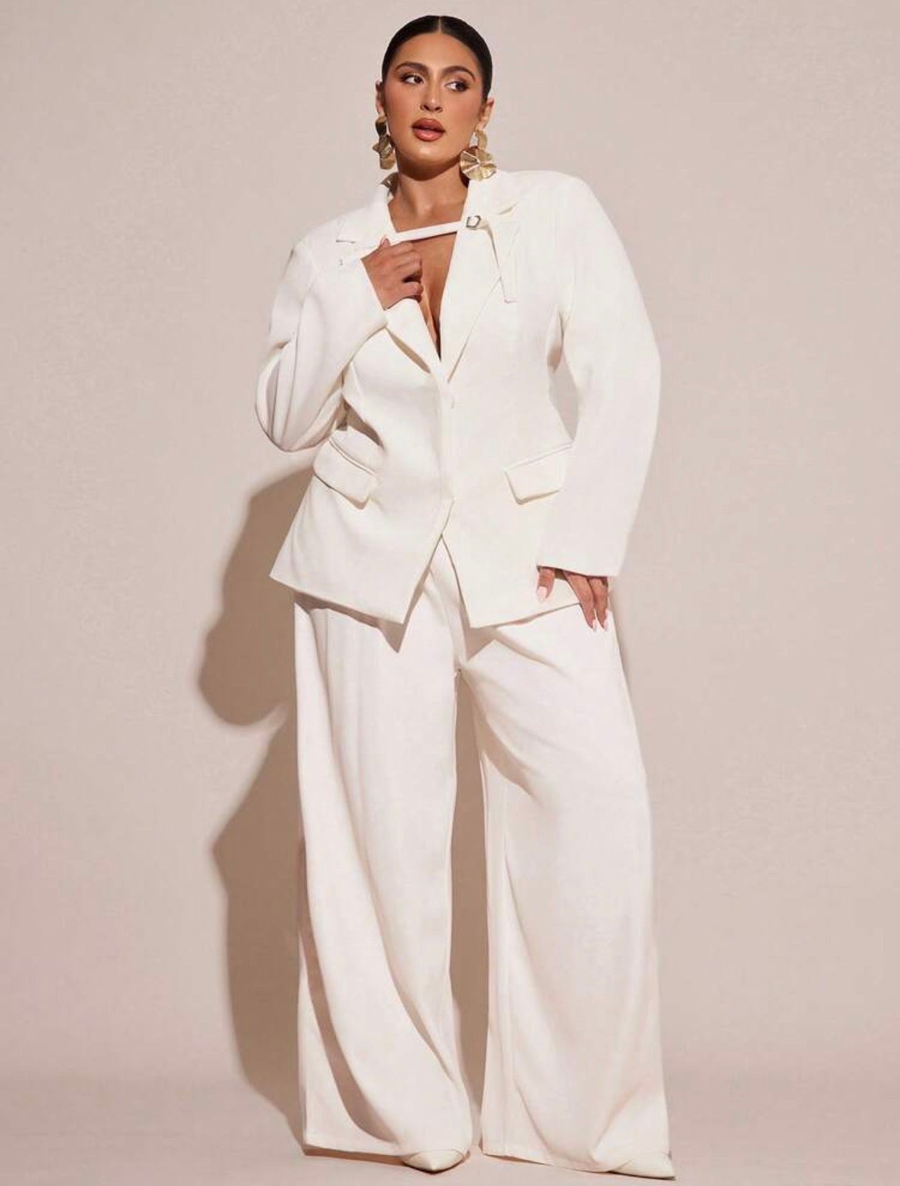 Curve White Elegant Formal Two Piece Suit,Business Casual Blazer Set With Wide-Leg Pants,Corporate Work Suits to All Occasions