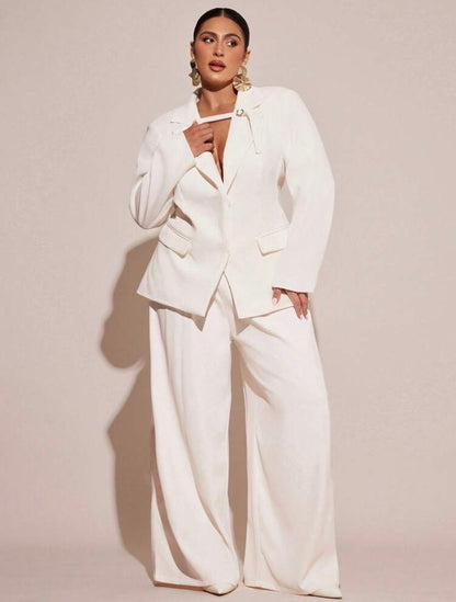 Curve White Elegant Formal Two Piece Suit,Business Casual Blazer Set With Wide-Leg Pants,Corporate Work Suits to All Occasions