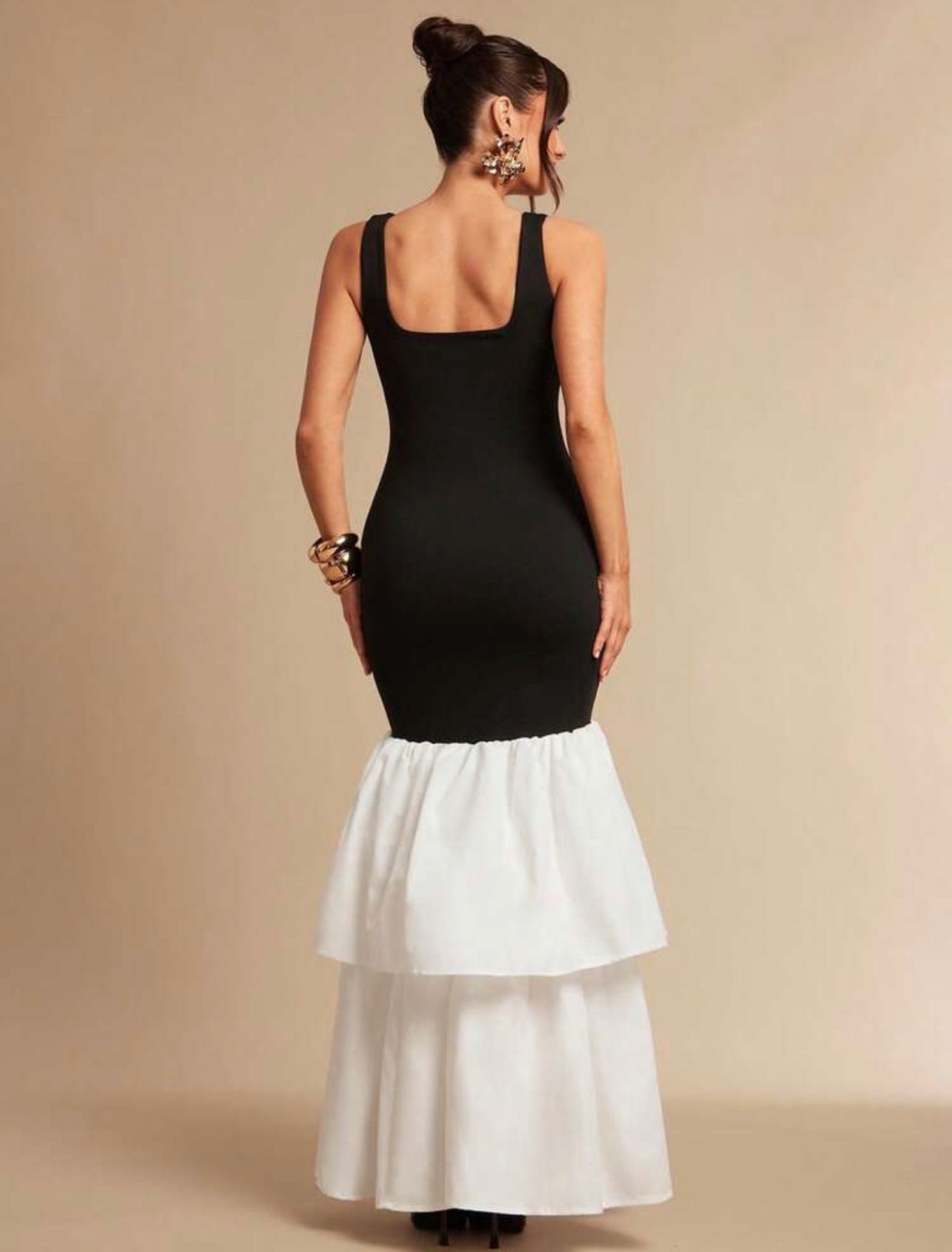 Elegant Black And White Party Dress,Contrast Color Ruffle Hem Maxi Gown For Women @CHRISTIANDELOS