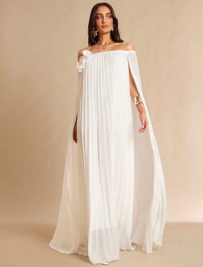 Silquee French Style White Elegant Dress For Women,Solid 3D Floral Appliqué Pleated Backless Evening Gown Classy @CHRISTIANDELOS