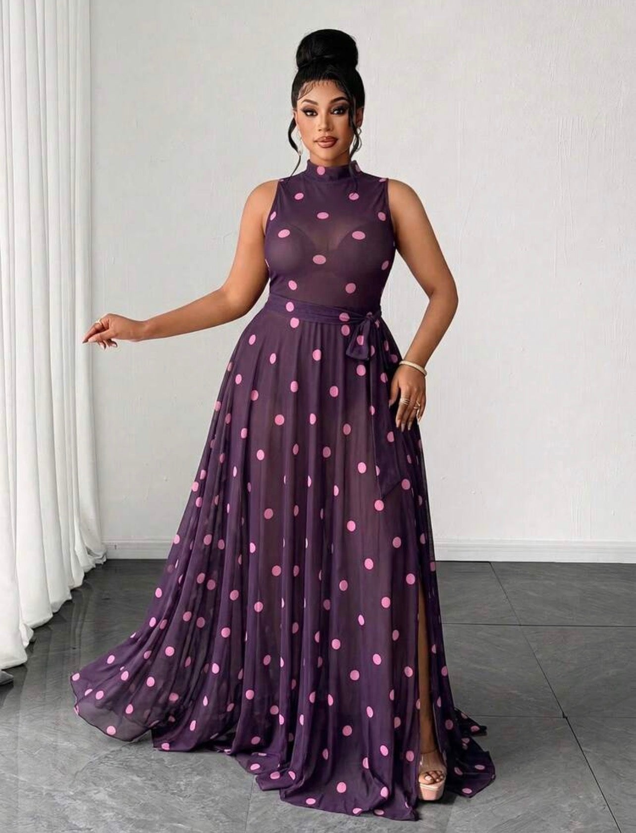 Women's Sexy Vacation Leopard Print Semi-Sheer Mesh Ultra Long High Slit Sleeveless Party Dress