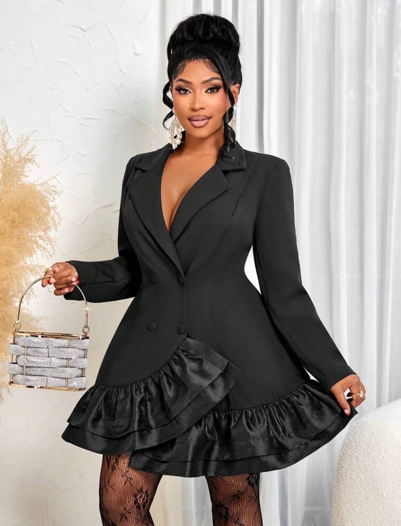 Elegant Party Cocktail Dress, Sexy Blazer Collar Long Sleeve Cinched Waist Layered Mini Dress