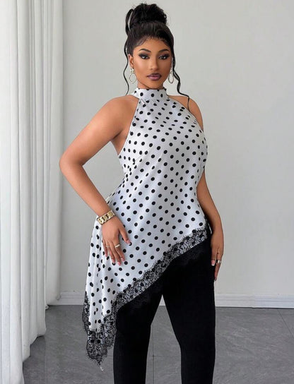 Women's Polka Dot And Lace Sleeveless Asymmetric Hem Blouse