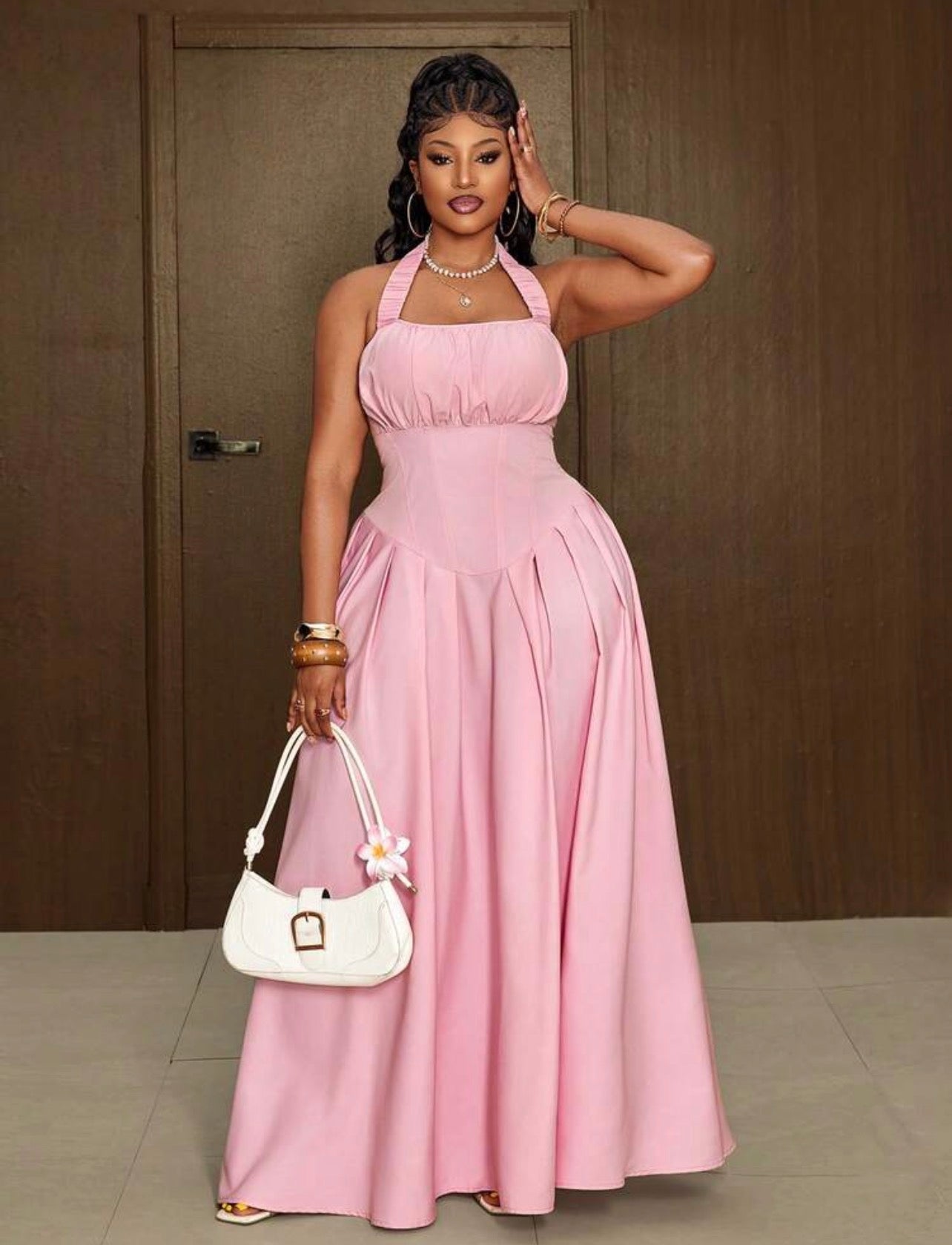 Sweet Solid Color Versatile Waist Cinching Simple Neck Line Dress For Women