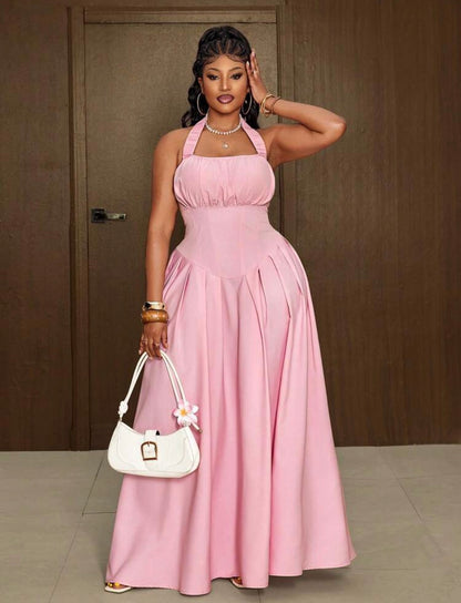 Sweet Solid Color Versatile Waist Cinching Simple Neck Line Dress For Women