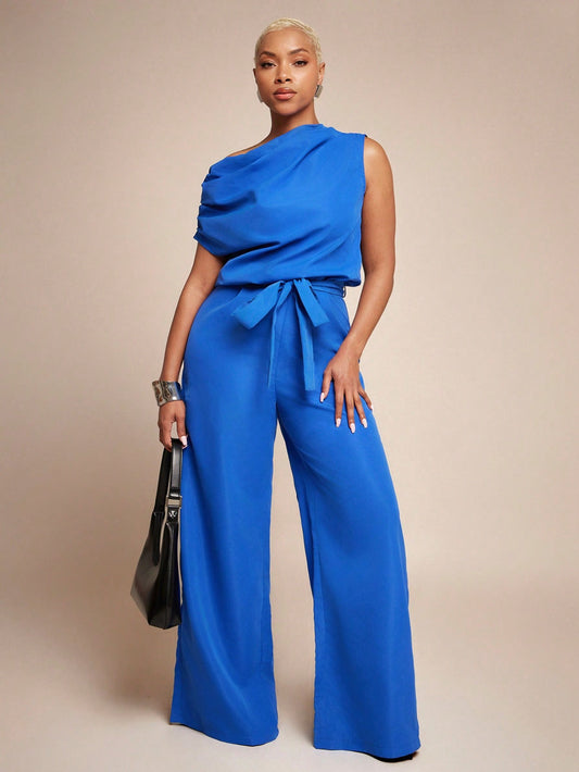 Vixey Woven Asymmetrical Draped Neckline Keyhole Back Self Belt Flare Leg Jumpsuit
