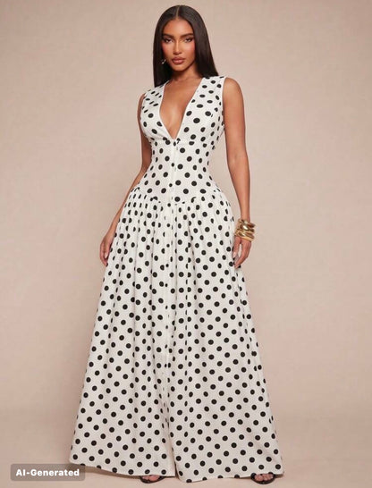 Radiana Women's Sexy Elegant Minimalist Faux Linen V-Neck Tank Dress, Long Dress, Waist-Cinching Dress, Button-Front Dress, Shirt Dress, Full Skirt Dress, Casual Dress, Casual Business lOld Money Style @ CHRISTIAN DELOS