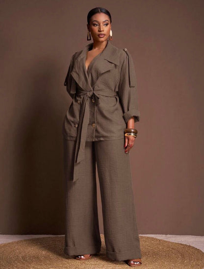 Courting Two-Piece Set , Casual Everyday Wear - Elegant Commute Jacket And Wide Leg Long Pants With Pockets - CHRISTIAN DELOS