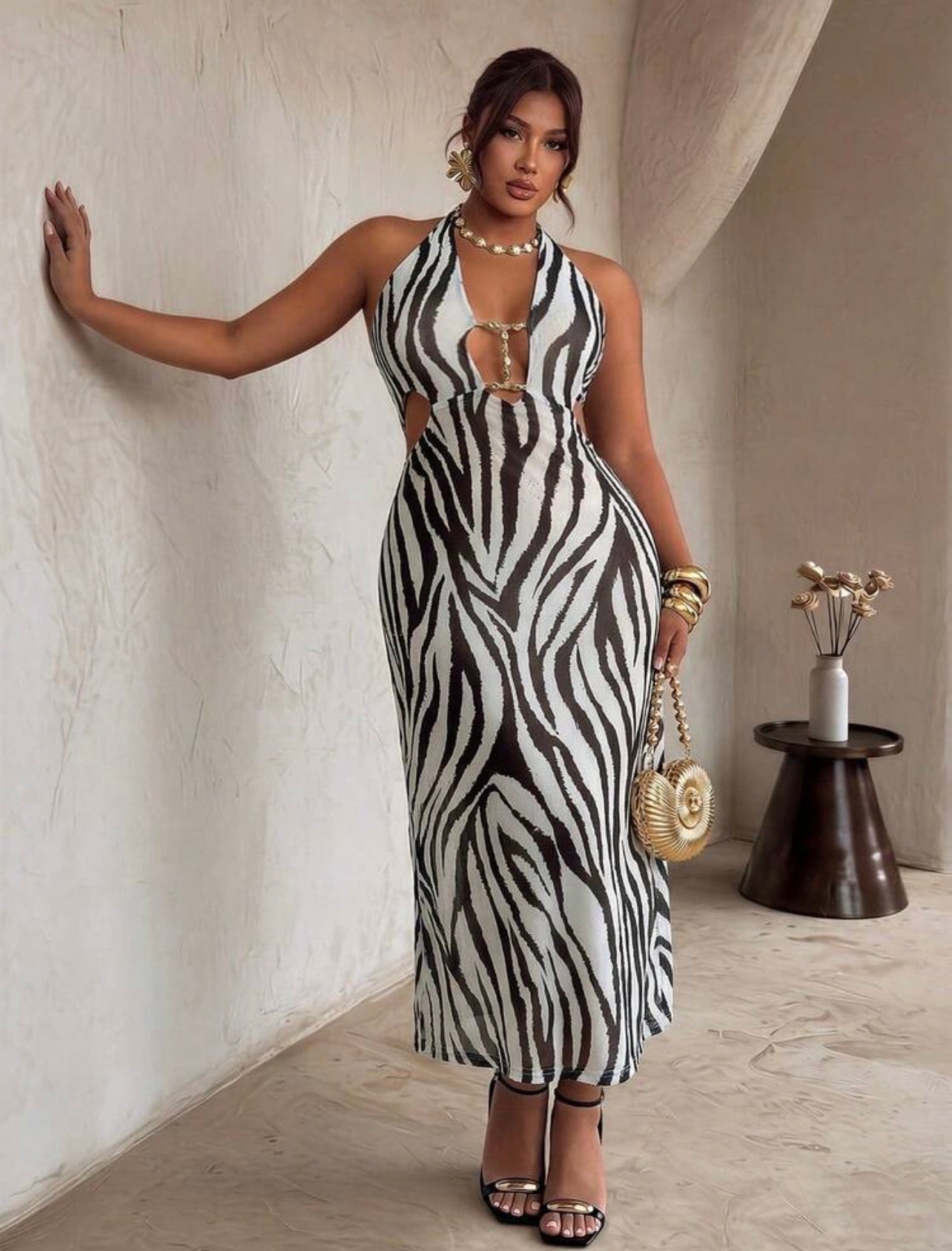 SEXY Zebra Print Cutout Beaded Zebra Print Slim Fit Mermaid Maxi Dress - VERI CLASSY VERI DEMURE