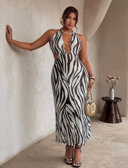 SEXY Zebra Print Cutout Beaded Zebra Print Slim Fit Mermaid Maxi Dress - VERI CLASSY VERI DEMURE