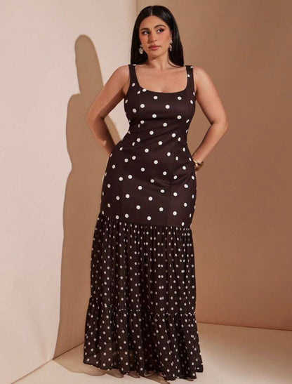 Brown Polka Dot Square Neck Sleeveless Maxi Dress,Elegant Ruffle Hem Tiered A Line Dress