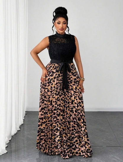 Elegant Exquisite Cinched Waist Lace Patchwork Leopard Print Pleated Long Sleeveless Casual Dress